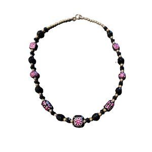 Hand Painted Black Pink Beaded Necklace